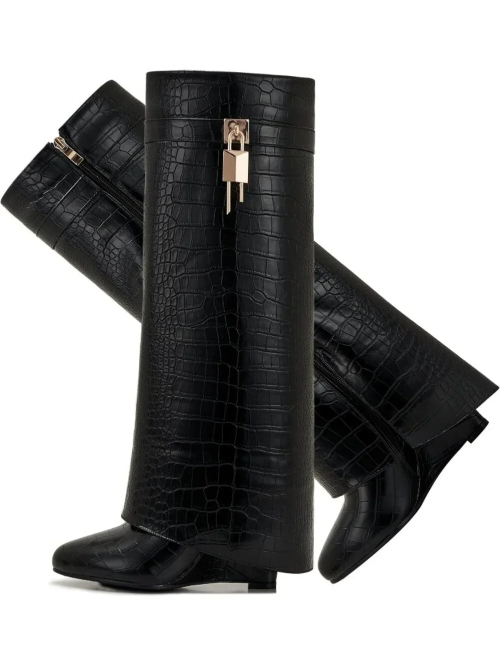 Women's Black Pull-on Side Zipper Padlock Pointy Fold Over Knee High Boots